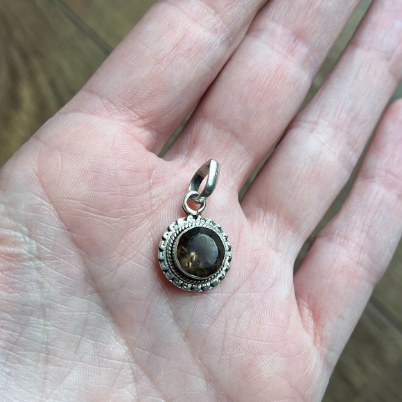 Dainty *Smoky Quartz* Pendant | Silver Necklace | Detail Engraved Border | EUC - Picture 2 of 8